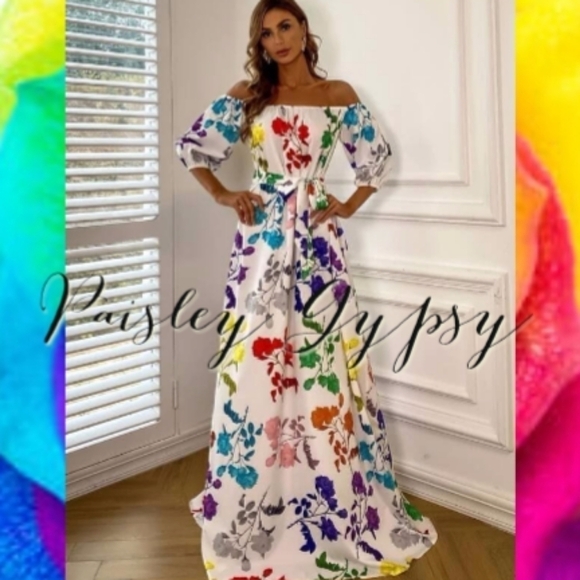 Glamorous Rainbow Floral Maxi Off the Shoulder Formal Gown - Picture 4 of 11